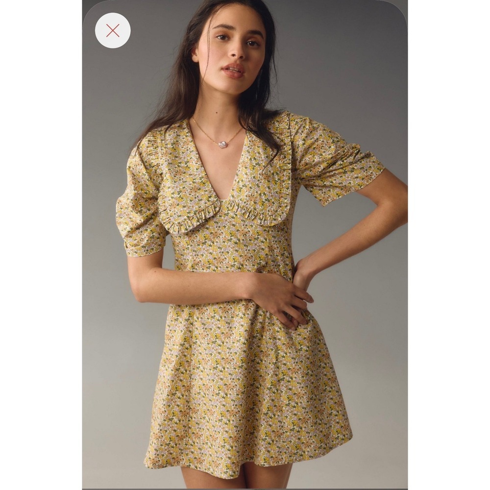 by Anthropologie Yellow Floral Ruffle Collar Puff Sleeve Mini Dress Size 6